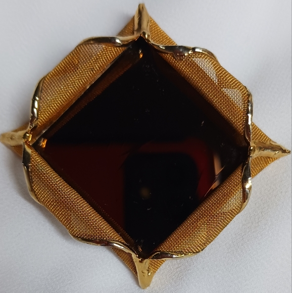 VTG Mesh flower mirror square brooch gold tone - Picture 1 of 4